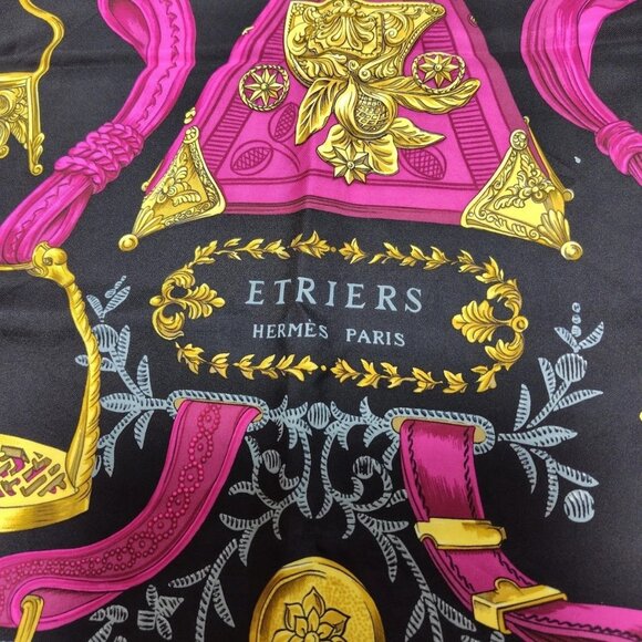 Auth HERMES Carre 90 - Black Gold Pink Silk Scarf - Picture 4 of 12